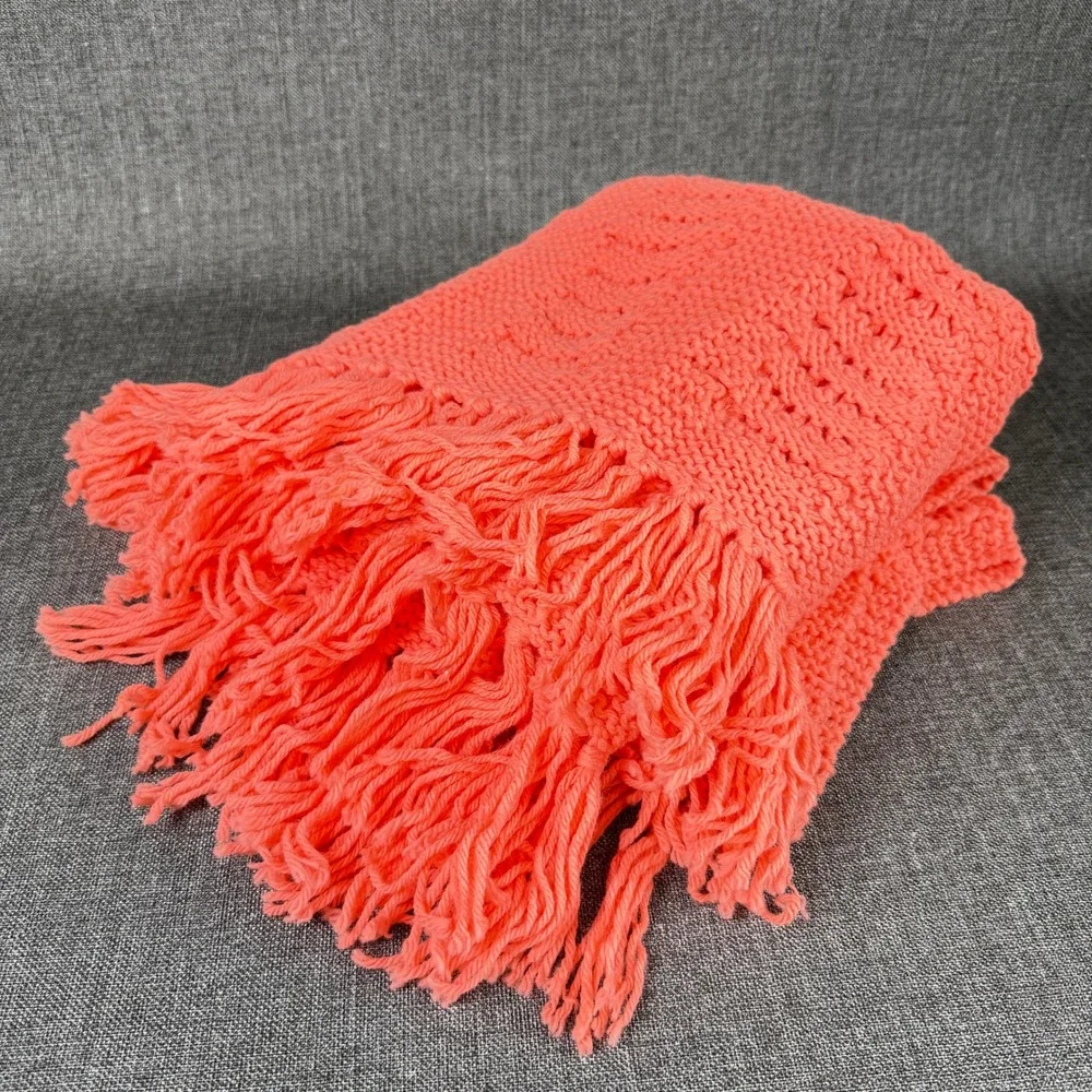 Handmade Crochet Throw Blanket Coral Pink Chevron Fringe 48